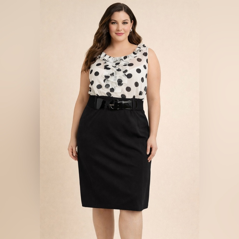 AGB Polka Dot Dress Black White Belted Ruffle Neck Size 16